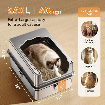 All-Metal 28" Extra Large Stainless Steel Cat Litter Boxes with Lid Metal Cat Litterbox Pan for Big