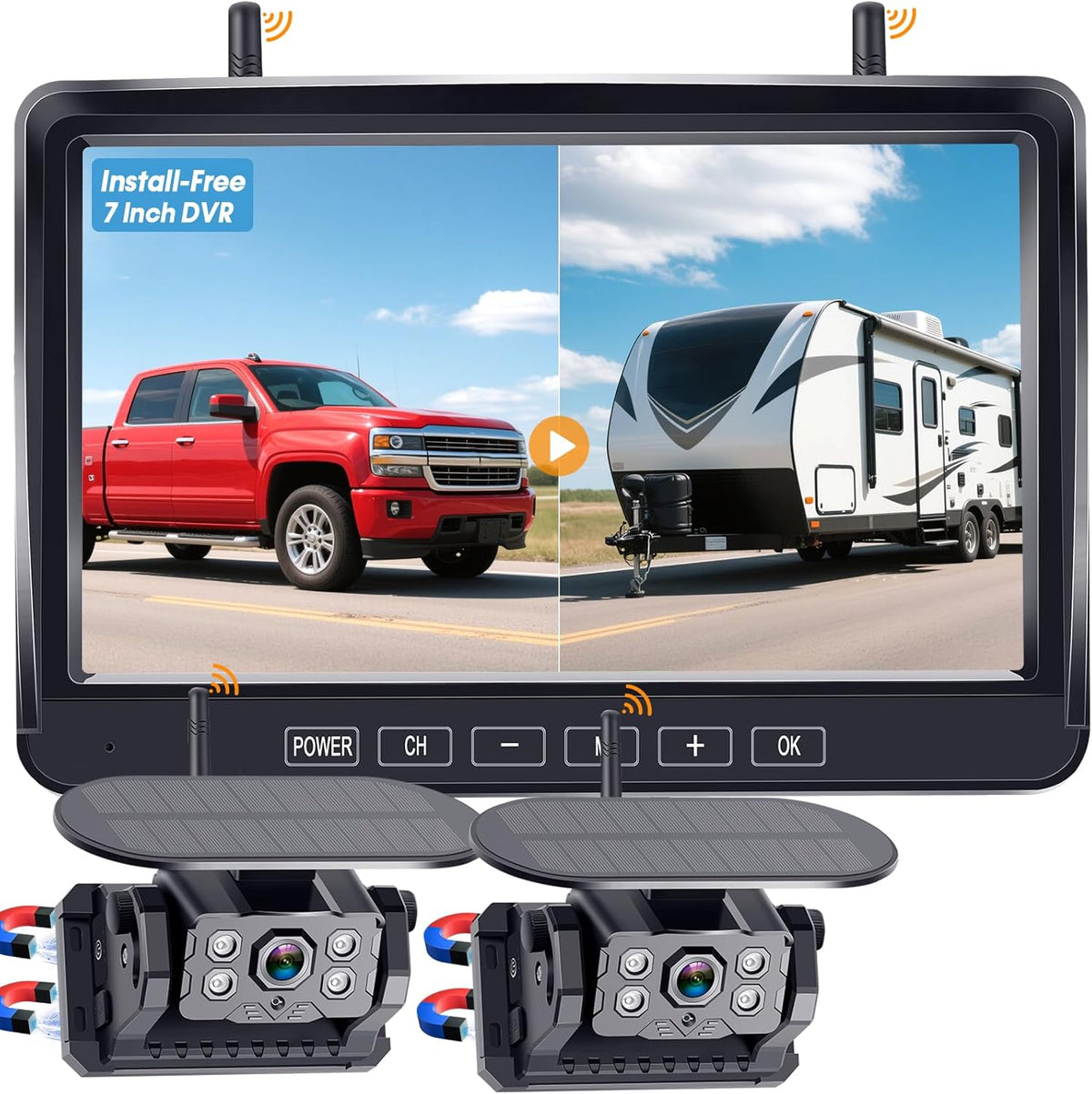 Dual RV Backup Camera Wireless with Magnetic - Recording 1080P HD Solar Rear View Camera