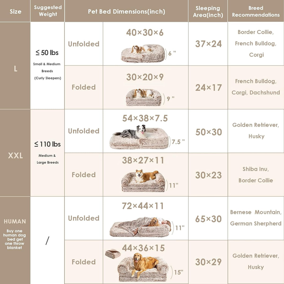 EHEYCIGA Foldable XXL Dog Bed, Faux Fur Fluffy Pet Couch Bed for Extra Large Dogs, Orthopedic