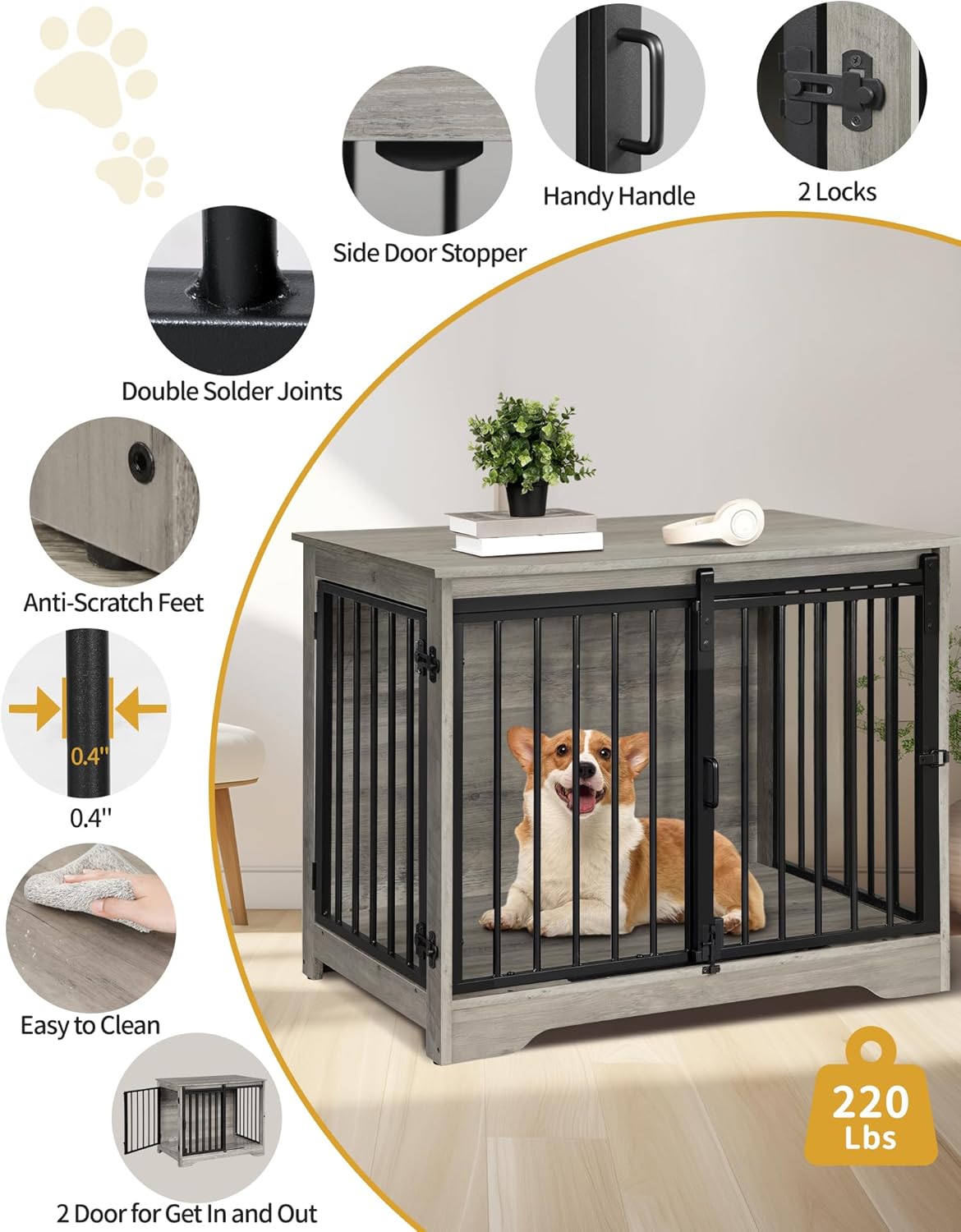31.9" Dog Crate Furniture with Barn Door, Heavy Duty Dog Kennel Indoor with 2 Doors, Wooden Pet