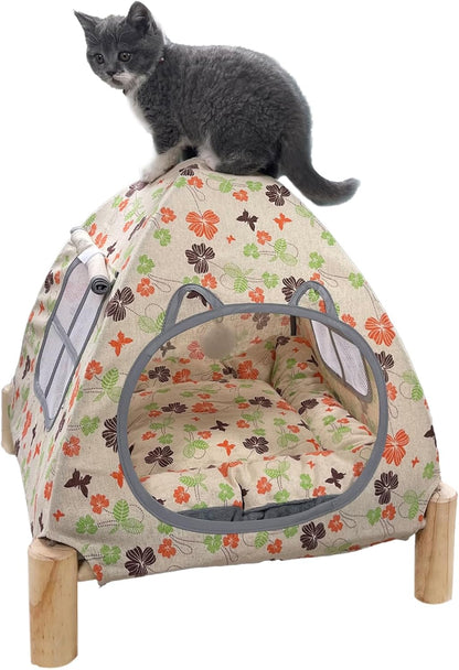2-in-1 Elevated Cat Tent Cat House, Quick Assembly and Disassembly, Portable Indoor/Outdoor Cute