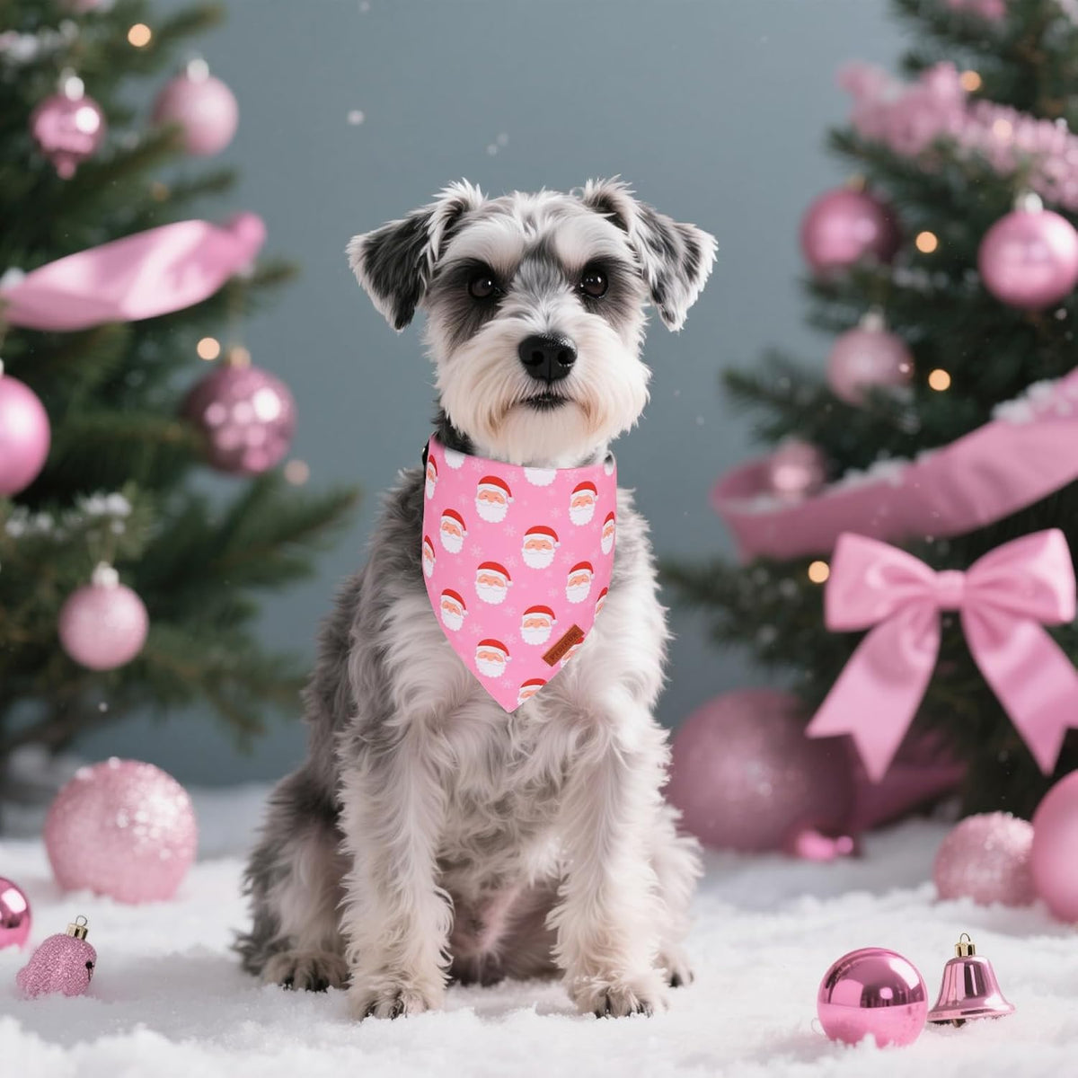 PTDECOR Christmas Dog Bandana, Santa Snowman Design Reversible Holiday Pet Scarf, Pink Triangle Fit