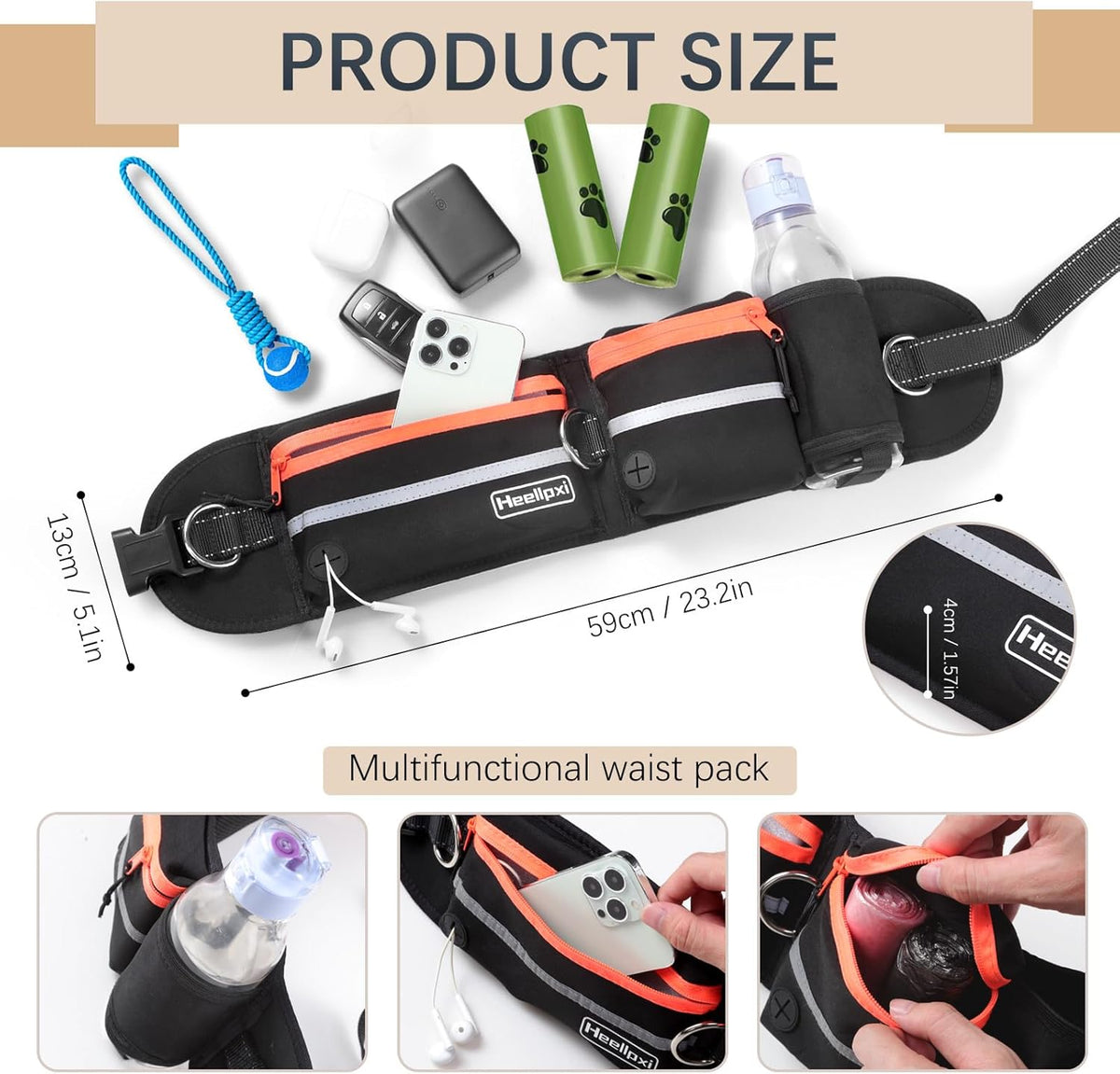 Hands-Free Waist Leash with Pouch for Two Dogs: Reflective Stitching, Dual Handle & Bungee