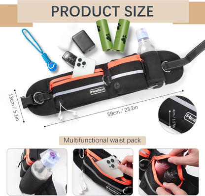 Hands-Free Waist Leash with Pouch for Two Dogs: Reflective Stitching, Dual Handle & Bungee