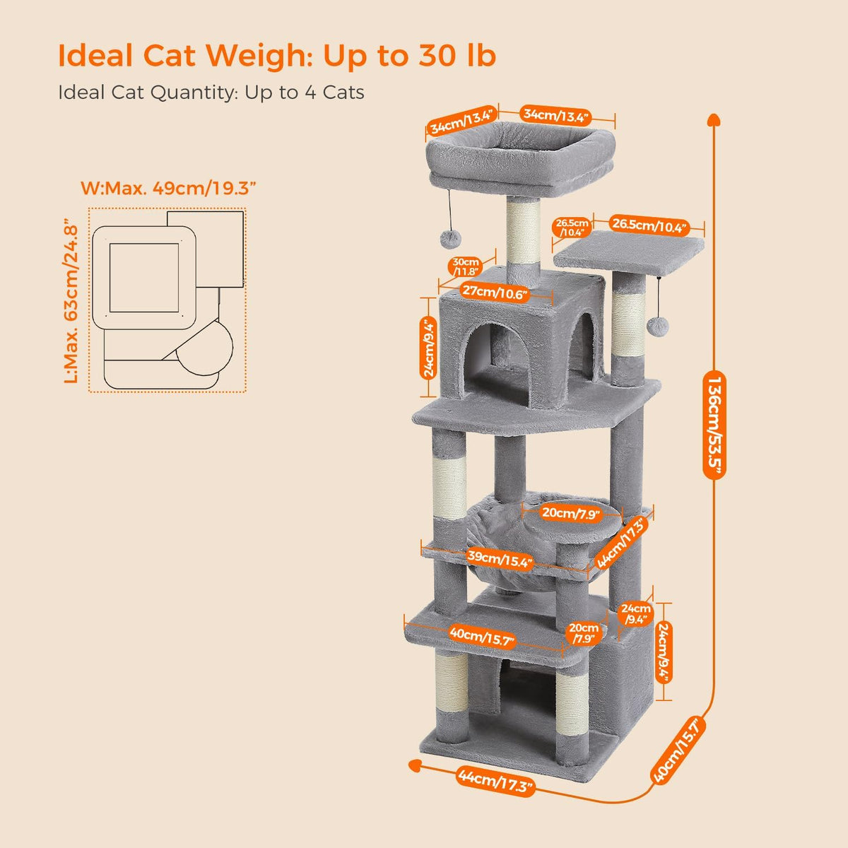 PAWZ Road Cat Tree, 53.5 Inches Tall Cat Tower with Spacious Hammocks, Condos and Scratching Posts
