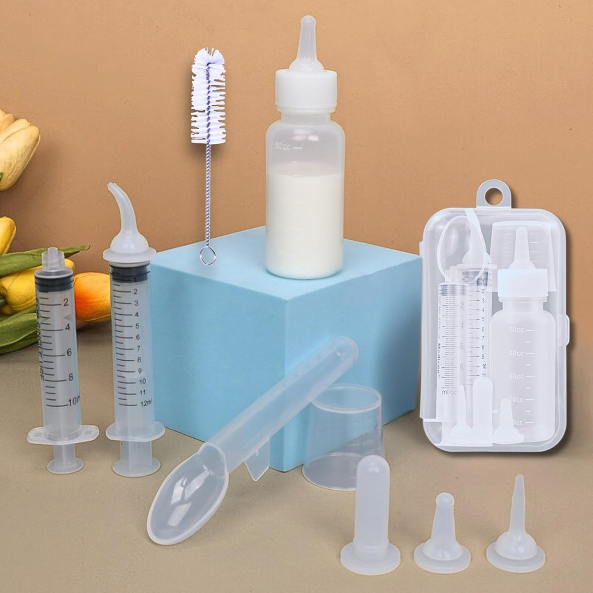 Newborn & Senior Pet Feeding Kit, Kitten/Puppy Bottle (50ml), Syringe with Silicone Nipple, Oral