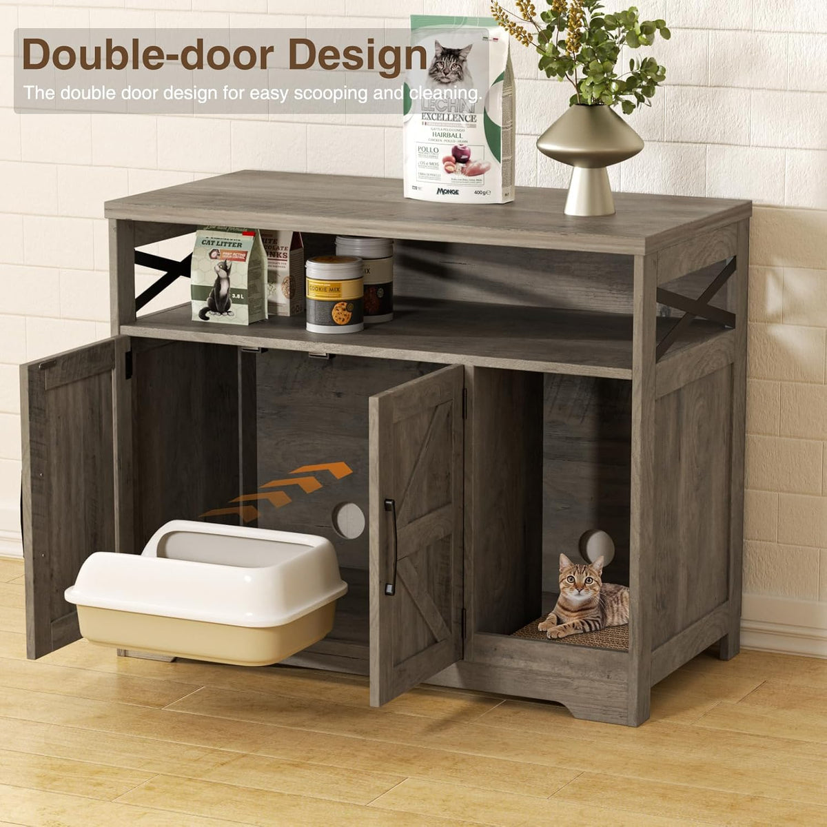 Cat Litter Box Enclosure, Hidden Litter Box Furniture with Scratch Pad, Farmhouse Indoor Cat House
