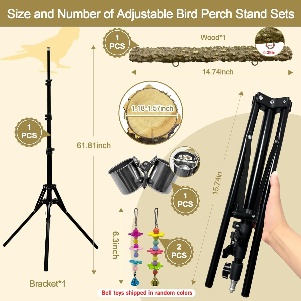 16-63 Inch Height Adjustable Bird Perch Pepper Wood Parrot Training Perch Stand with Feeding Cups