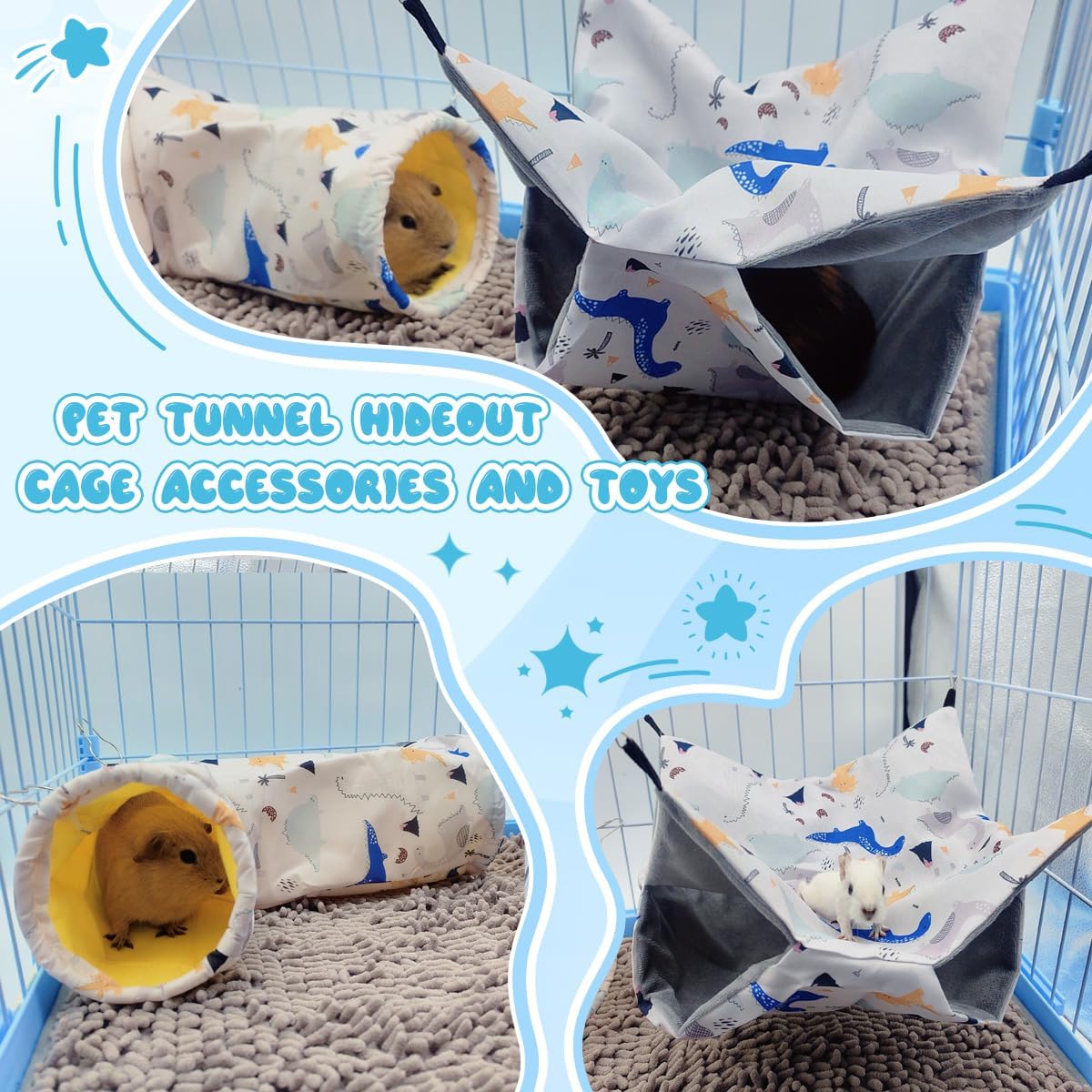Large Caliber Guinea Pig Tunnel Hideout & Hammock, Rat Cage Corner Toy for Ferret Hedgehog Piggy to