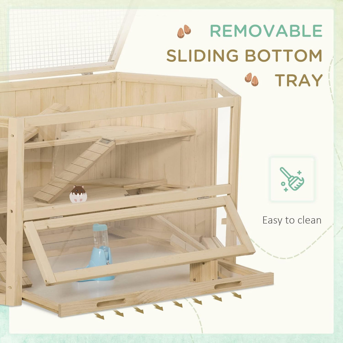 PawHut Wooden Large Hamster Cage Small Animal Exercise Play House 3 Tier with Tray, Seesaws, Water