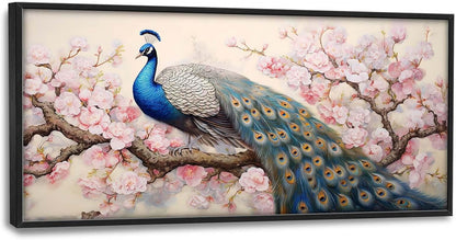 Quorin Peacock Large Wall Art Elegant Peacock Pictures Wall Decor Pink Flower Tree Canvas Print