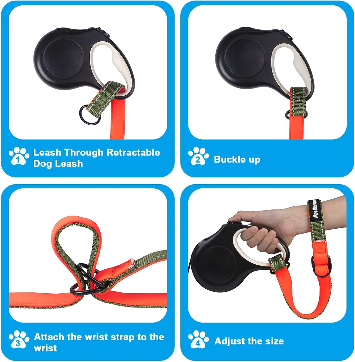 PetBonus Short Dog Leash, Safety Wrist Strap for Retractable Dog Leash, Reflective Design and