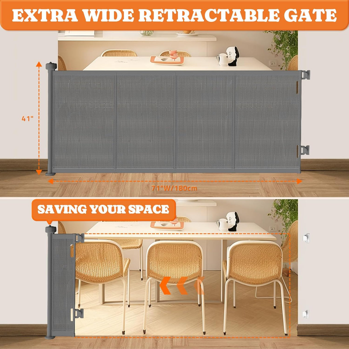 Upgrade 71" Retractable Baby Gates with Reinforced Strips, 41" Tall Retractable Gate Indoor for