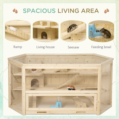 PawHut Wooden Large Hamster Cage Small Animal Exercise Play House 3 Tier with Tray, Seesaws, Water
