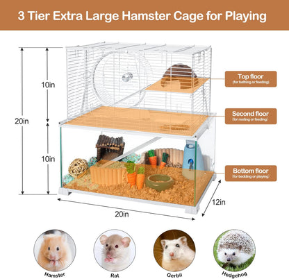 OIIBO 3 Tiers Large Hamster Cages Glass, Heightened Wire Topper with Two Shelf and Two Ladders