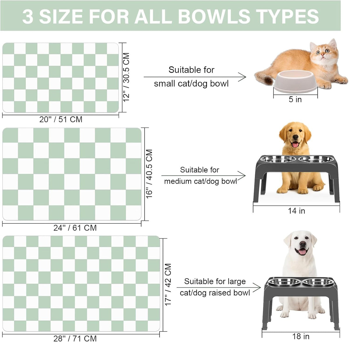 Cat Food Mat - 12"x 20" Cat Dog Mats for Food and Water Bowl, Checkered Pet Placemat Feeding Mat