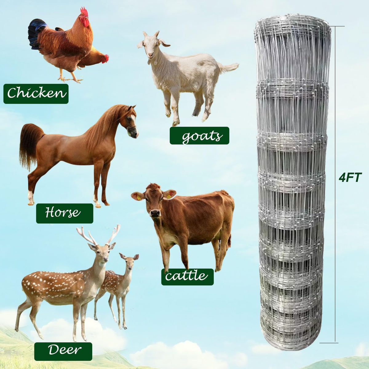 Farm Fence, 4ft x 164ft Galvanized Wire Fencing, Cattle Fence, Deer Fence, Heavy Zinc Coating Farm