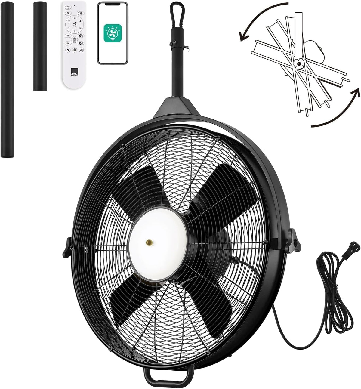 Orison 24.8'' Waterproof Outdoor Ceiling Fan, 6 Speed Ceiling Mounted Plug-In Cord Garage Fan with