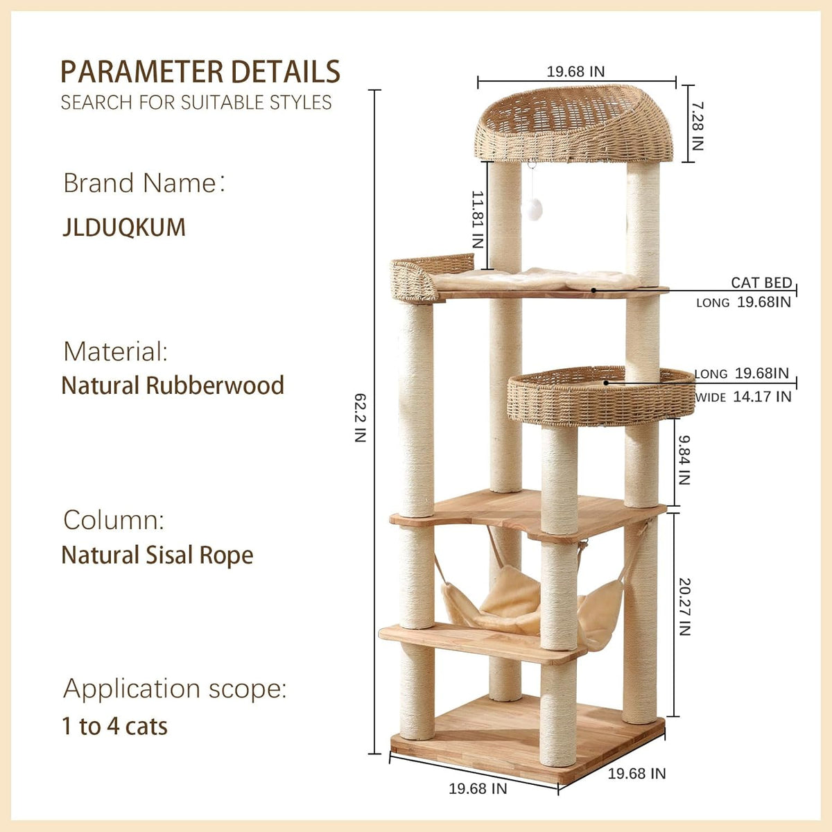 Wooden Cat Tree for Indoor Cats, 62-Inch Tall Cat Tower with Scratching Post for Large Cats, Solid