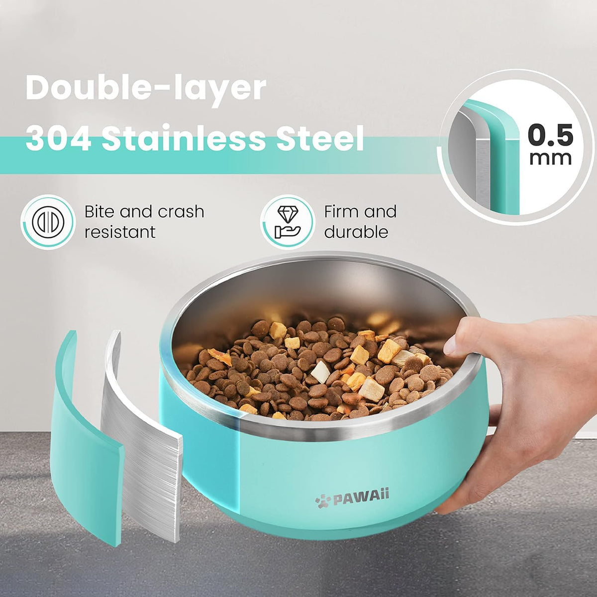 Pawaii Stainless Steel Dog Bowl with Non-Slip Rubber Base & Double Wall Insulation - Durable Design