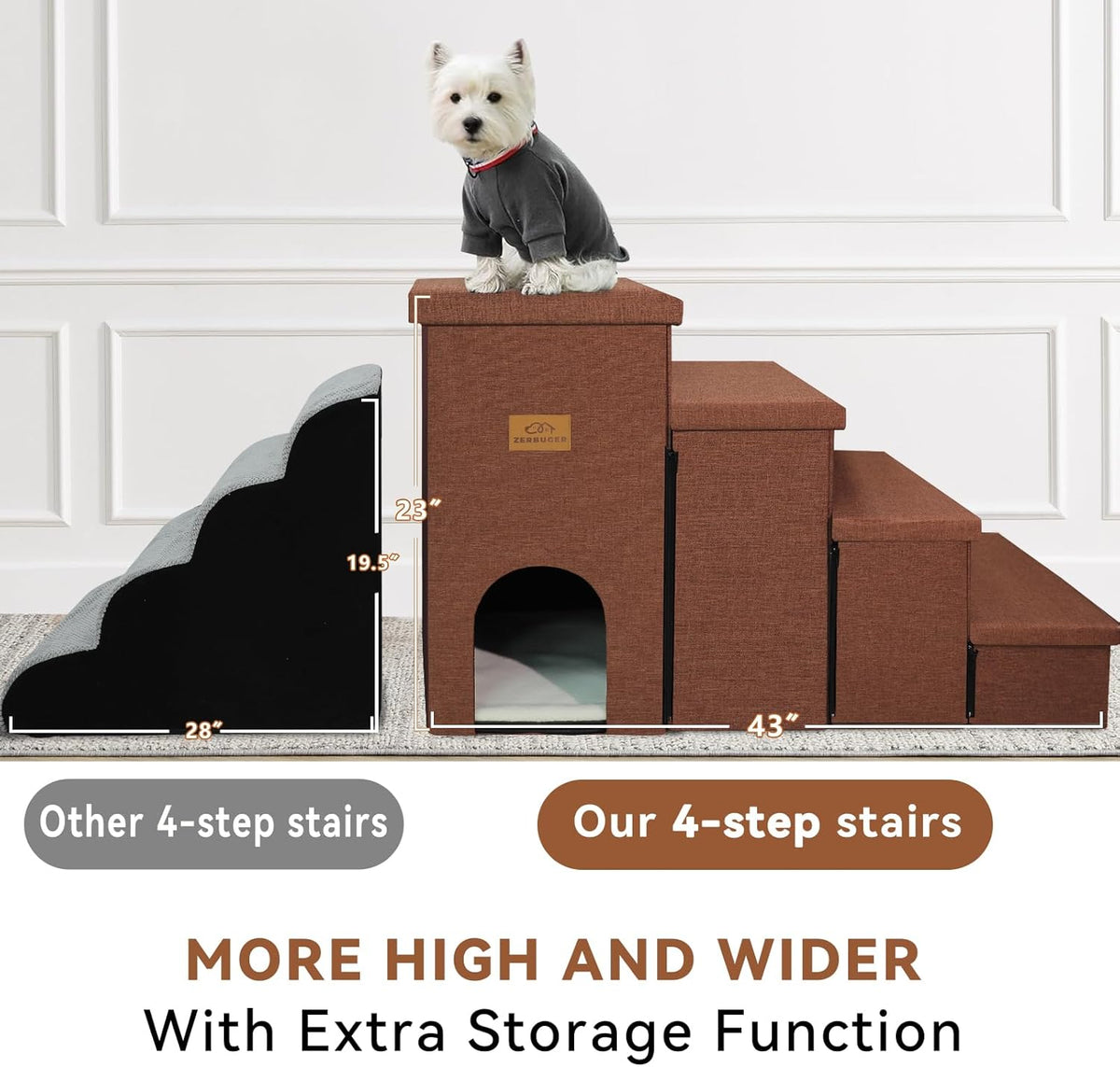 Dog Stairs with Condo 23" H, 4-Step Wider Dog Steps for High Beds Window, Folding Storage Pet