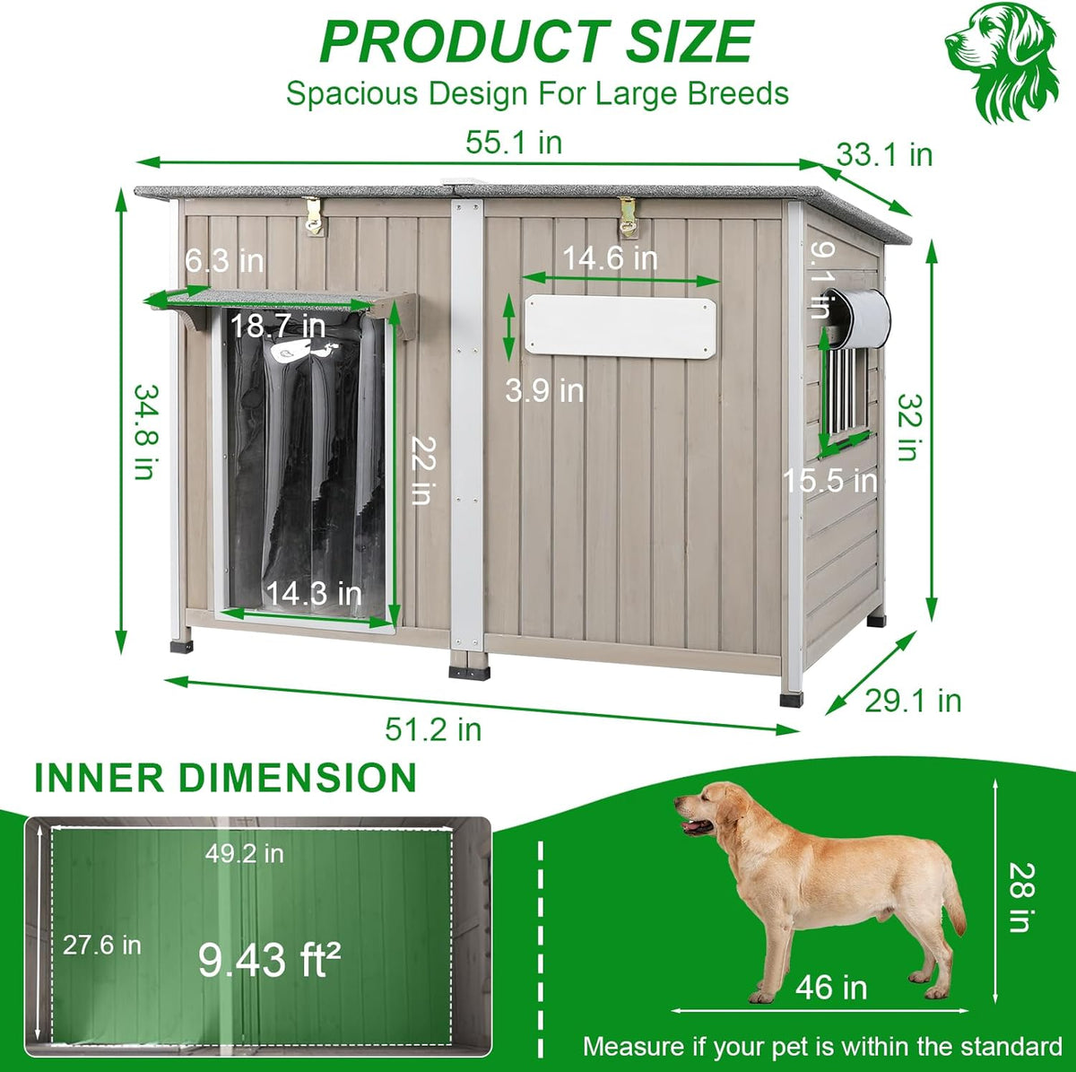 Dog House Outdoor Weatherproof & Wooden Dog Kennel with Chew-Proof Iron Frame，Removable Floor