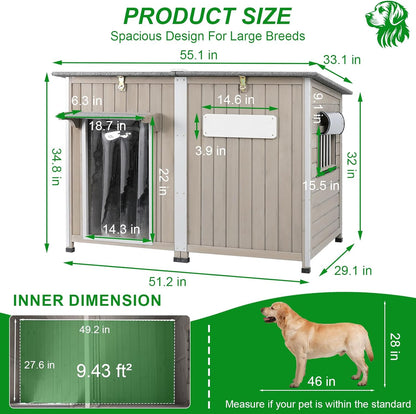 Dog House Outdoor Weatherproof & Wooden Dog Kennel with Chew-Proof Iron Frame，Removable Floor