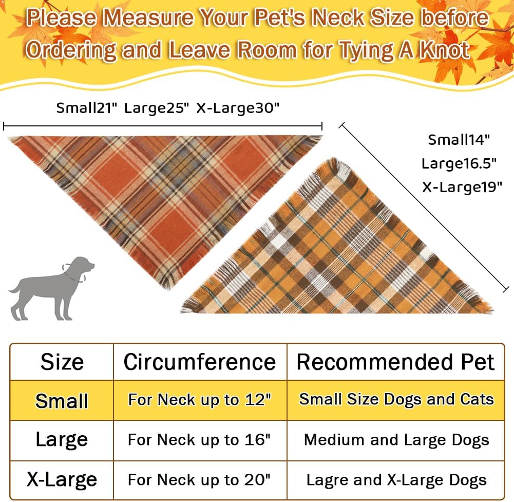 Vivifying Halloween Dog Bandana, 2 Pack Classic Plaid Fall Dog Scarf with Tassels Edges, Funny Pet