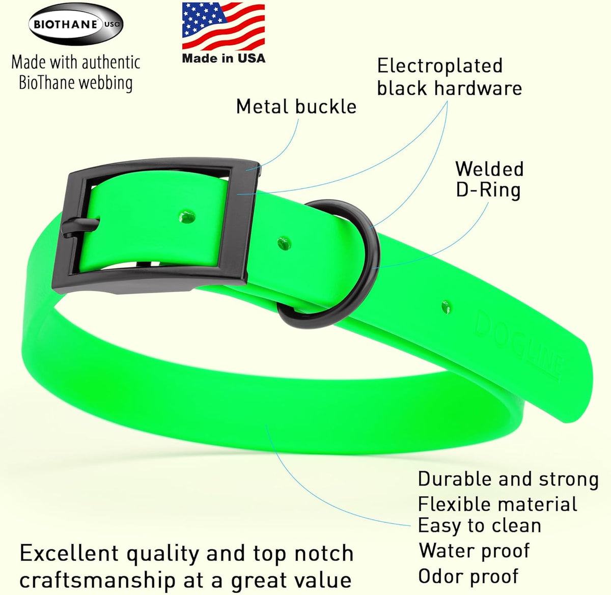 Dogline Biothane Waterproof Dog Collar Strong Coated Nylon Webbing with Black Hardware Odor- Proof
