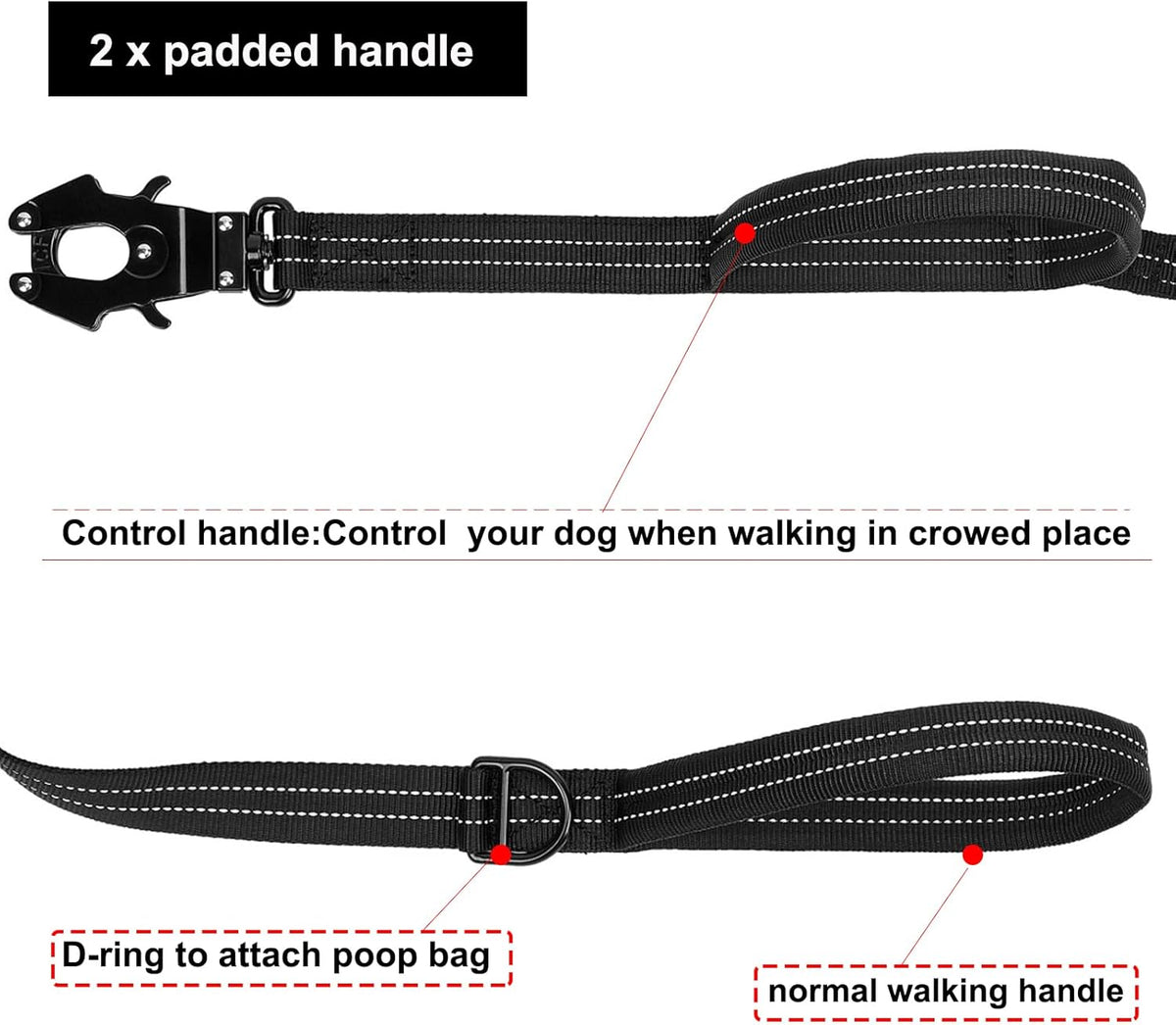 ICEFANG Tactical Dog Leash,K9 Training Walking Bungee Lead with 2 Control Handle,Heavy Duty Quick