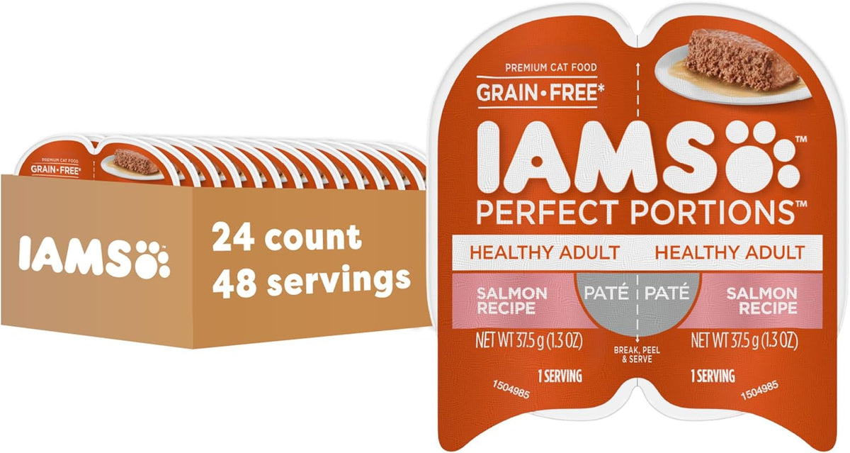 IAMS Perfect Portions Healthy Adult Grain Free Wet Cat Food Pate, Salmon Recipe, 2.6 oz. Easy Peel