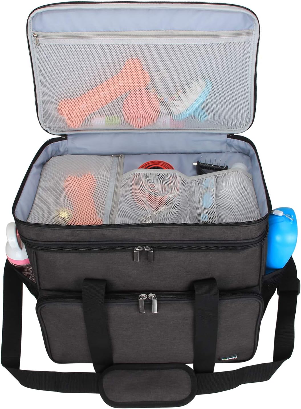 Teamoy Double Layer Dog Travel Bag, Dog Bag for Supplies with 2 Silicone Collapsible Bowls, 2 Food