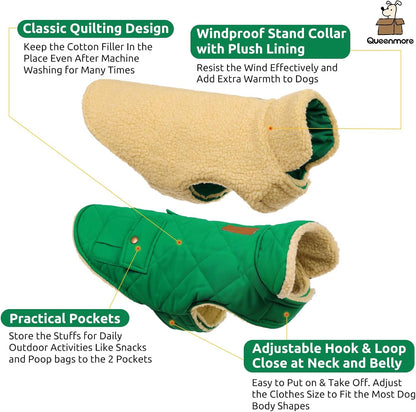 Queenmore Warm Dog Coat, Cold Weather Puffer Dog Coat Vest, Quilting Winter Pet Jacket Ultra Thick