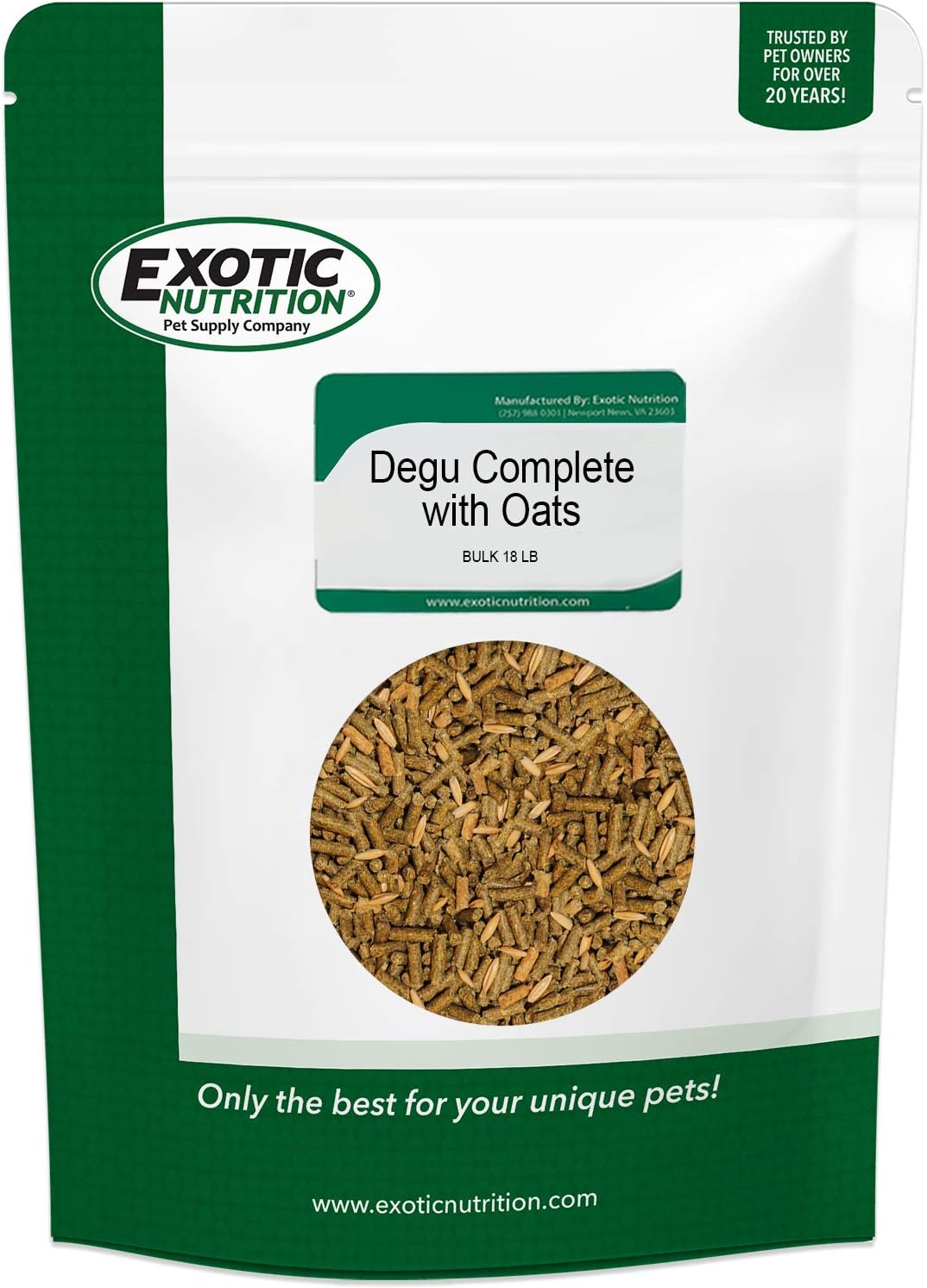Exotic Nutrition Degu Diet (18lb) - Nutritionally Complete Healthy Pellet Diet with Whole Oats