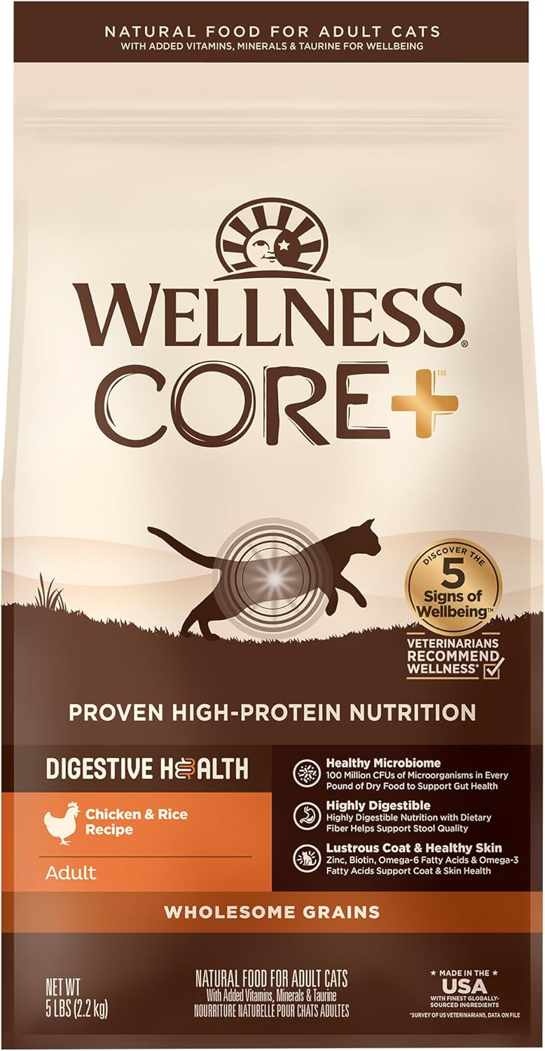 Wellness CORE+ Adult Dry Cat Food for Indoor and Outdoor Cats, Wholesome Grains, Natural, Digestive