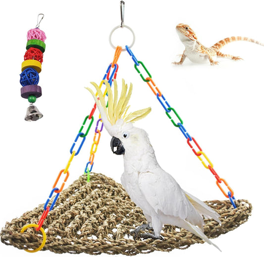 Bird Swing Toys,Bird Seagrass Mat Edible Hammock Parrot Lounger with Toys Handmade Woven Hanging