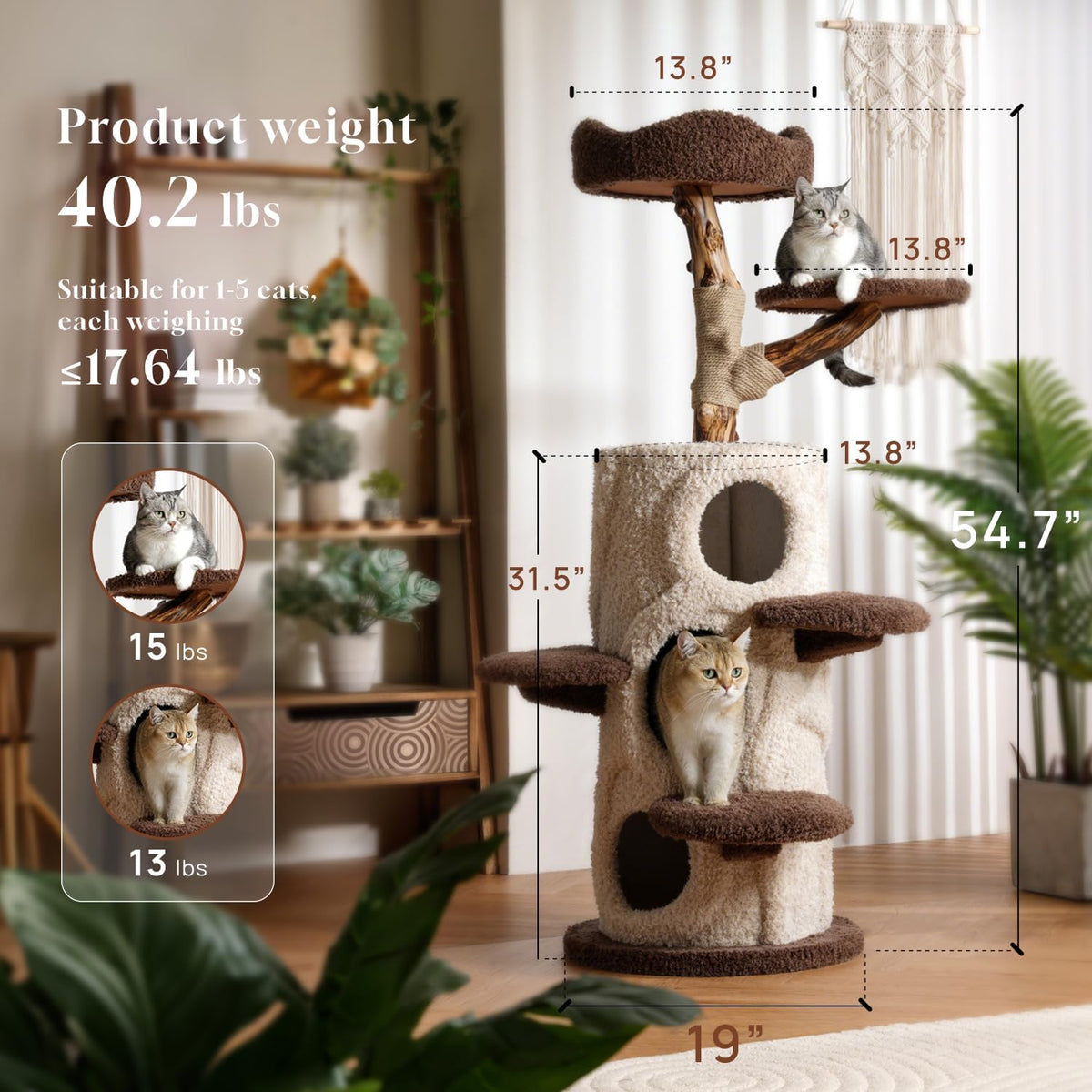 54.7'' Tall Modern Wood Cat Tree with 3 Level House, Luxury Cat Tower for Home Decoration, Large