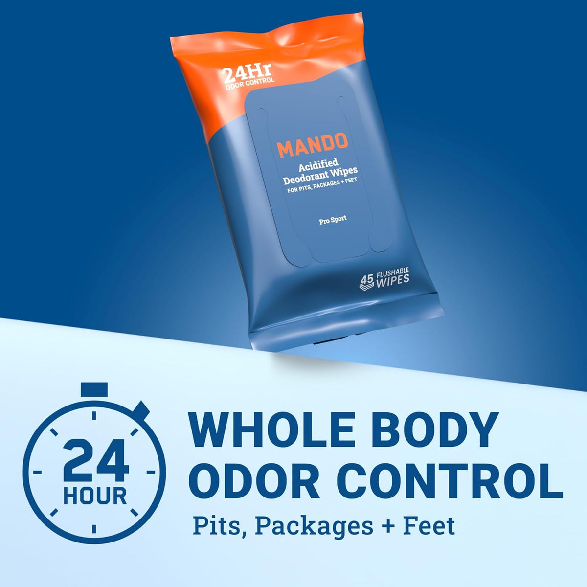 Mando Deodorant Wipes - 24 Hour Odor Control - Aluminum Free, Baking Soda Free, Skin Safe - 45