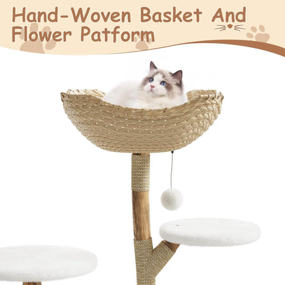 Modern Wood Cat Tree Tower for Large Cats | Luxury Solid Pear Wood Condo with Platforms, Scratching