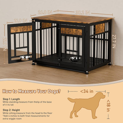 Dog Crate Furniture End Table 38 Inch Hidden Kennel Cabinet with Removable Tray, Thickened Metal