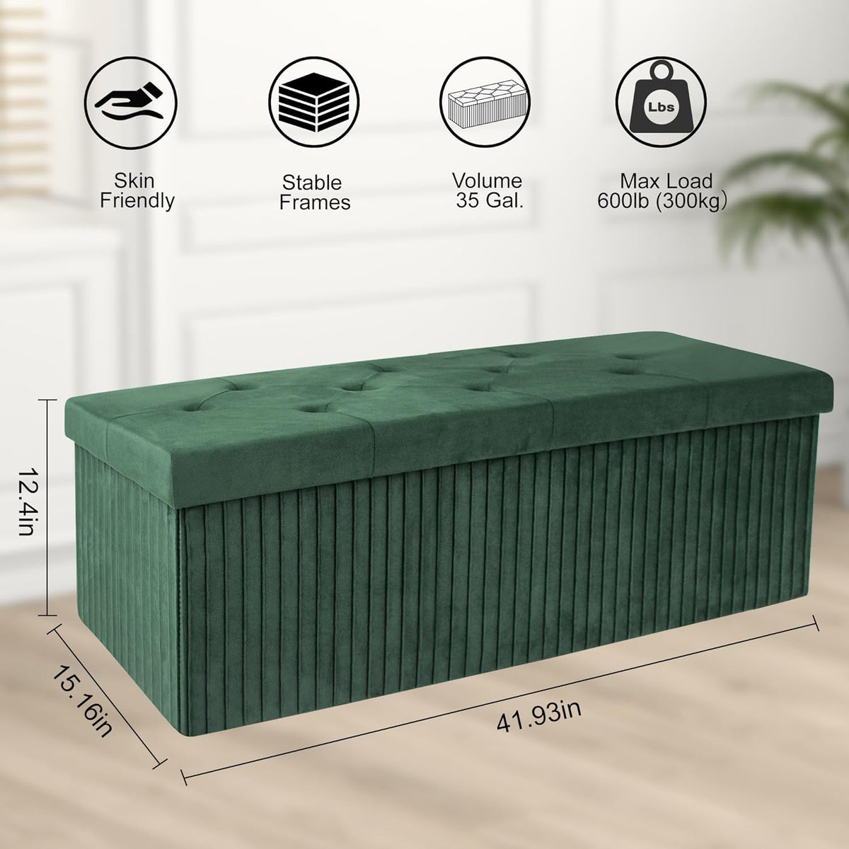 Storage Ottoman Bench, 43 Inch Foldable Ottoman with Legs, Velvet Foot Rest Stool, End of Bed