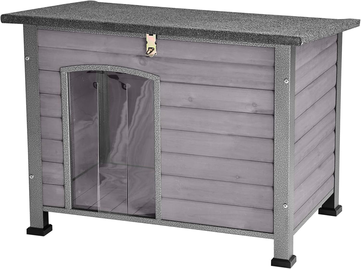 Indoor Outdoor Dog House,Anti-Chewing Iron Frame Dog Kennel,Wood Warm Pets Home,Weatherproof