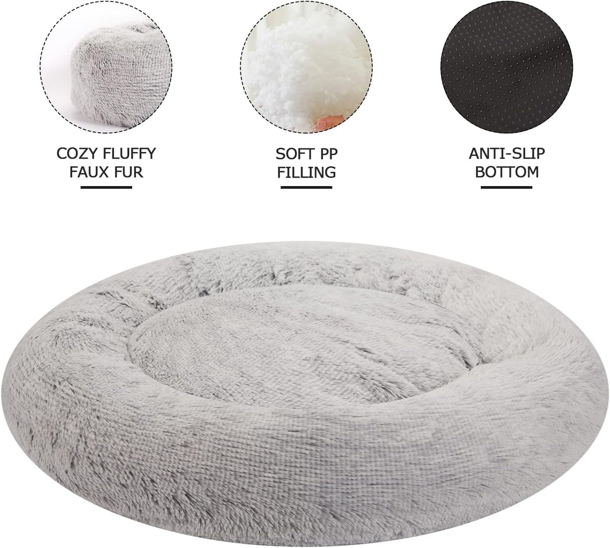 Bedfolks Calming Donut Dog Bed, 23 Inches Round Fluffy Dog Beds for Small Dogs, Machine Washable