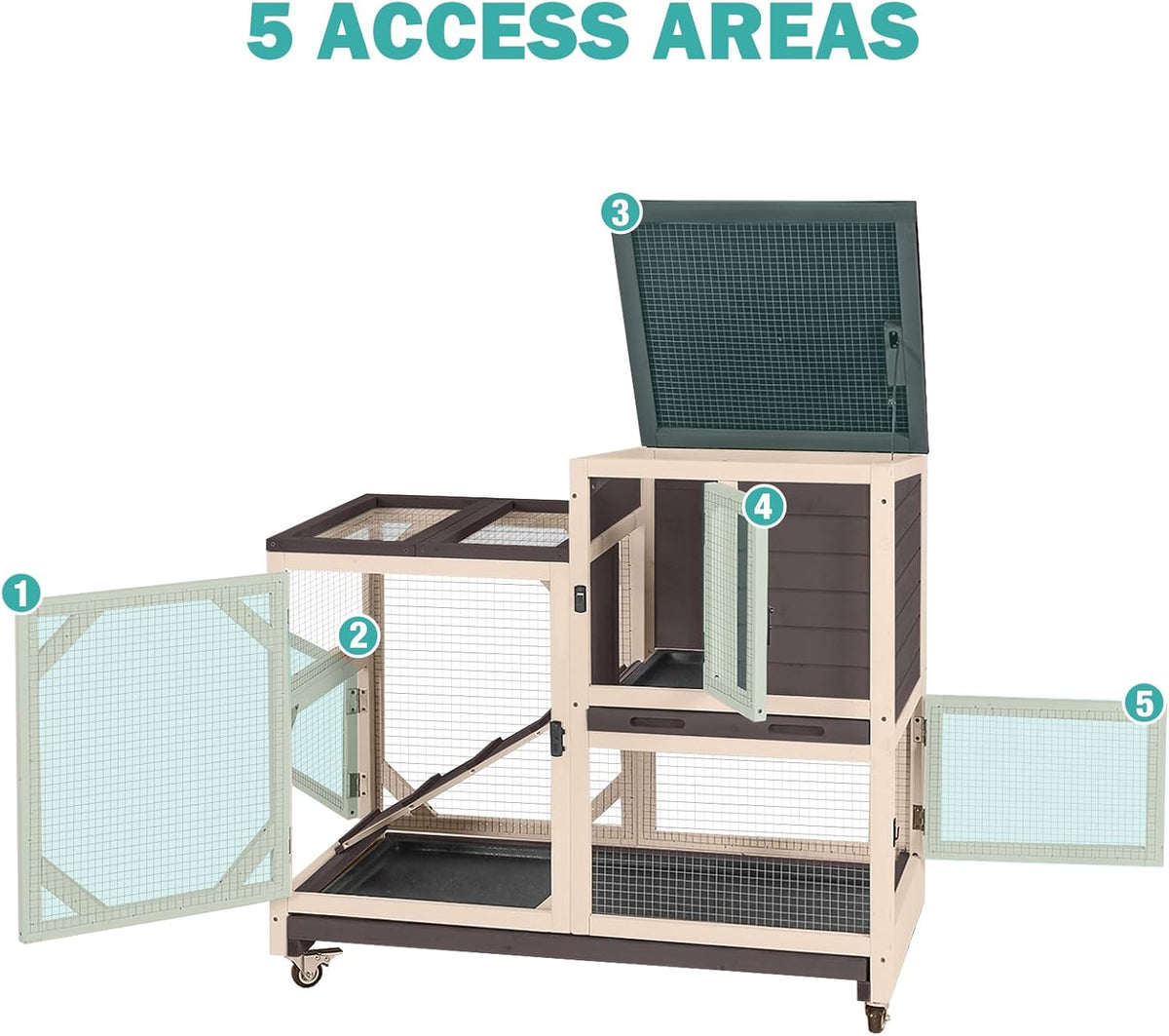 Rabbit Hutch Indoor for 2-4 Rabbits & Guinea Pigs，Bunny Cage with Slide-Out Plastic Trays，Wooden