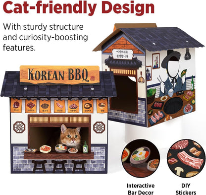 Cat Beds for Indoor Cats, Cardboard Cat House with Scratchers, Korean BBQ, Large Sturdy Cat