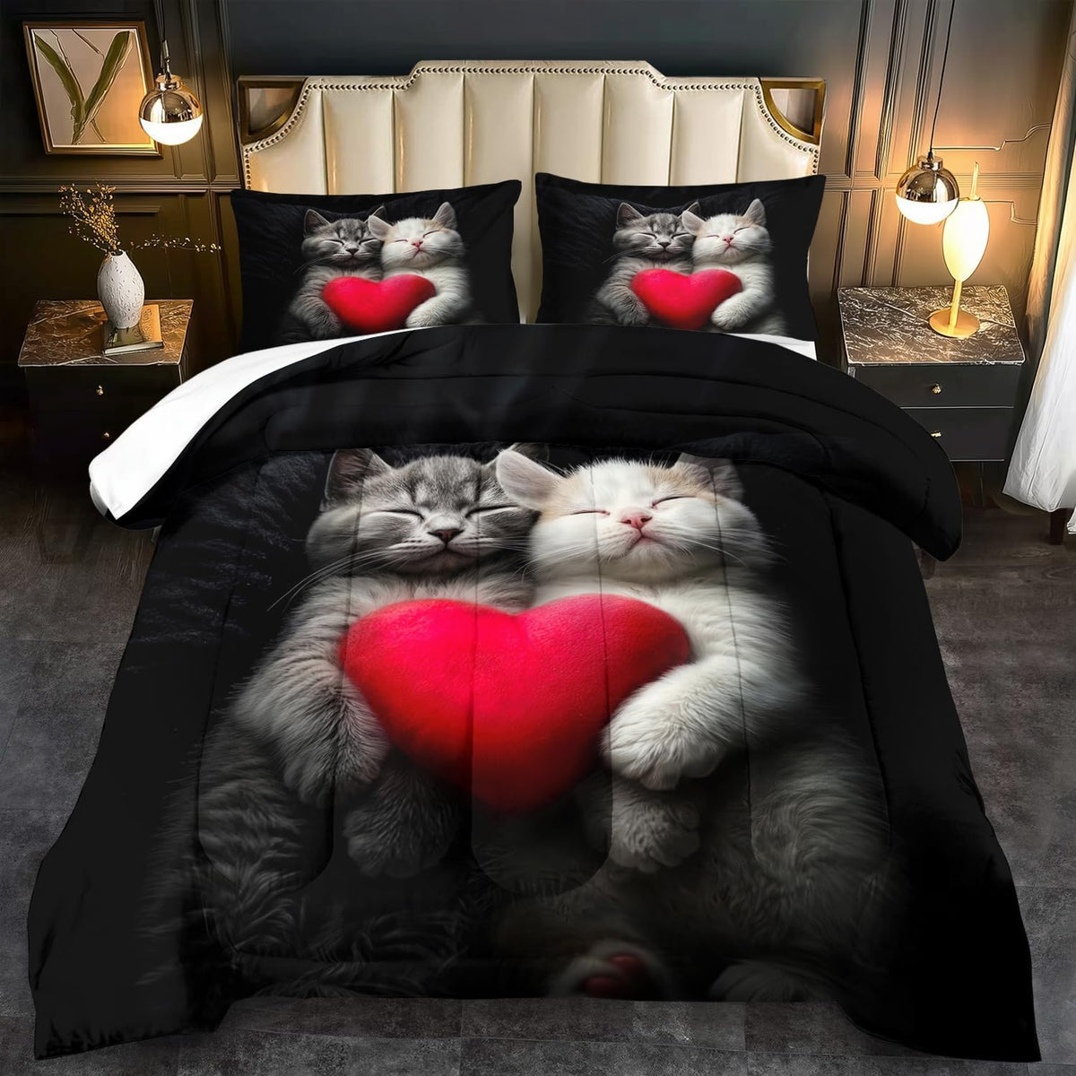 Cute Cat Comforter Set King,Kawaii Cat Bedding Set for Girls,Cute Animal Comforter Red Love Heart