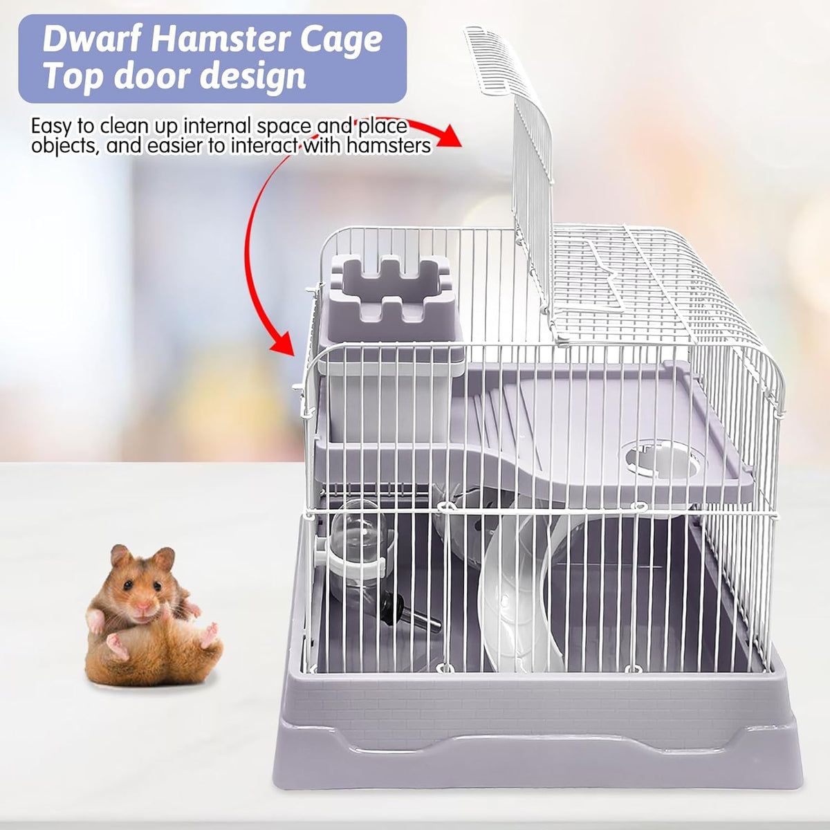 PINVNBY 2-Tier Dwarf Hamster Cage, Hamster Travel Cage Portable Mouse Cage with Running Exercise