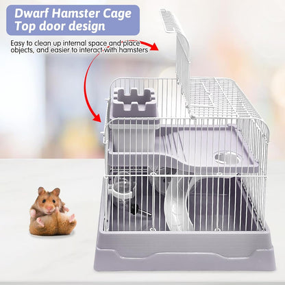 PINVNBY 2-Tier Dwarf Hamster Cage, Hamster Travel Cage Portable Mouse Cage with Running Exercise