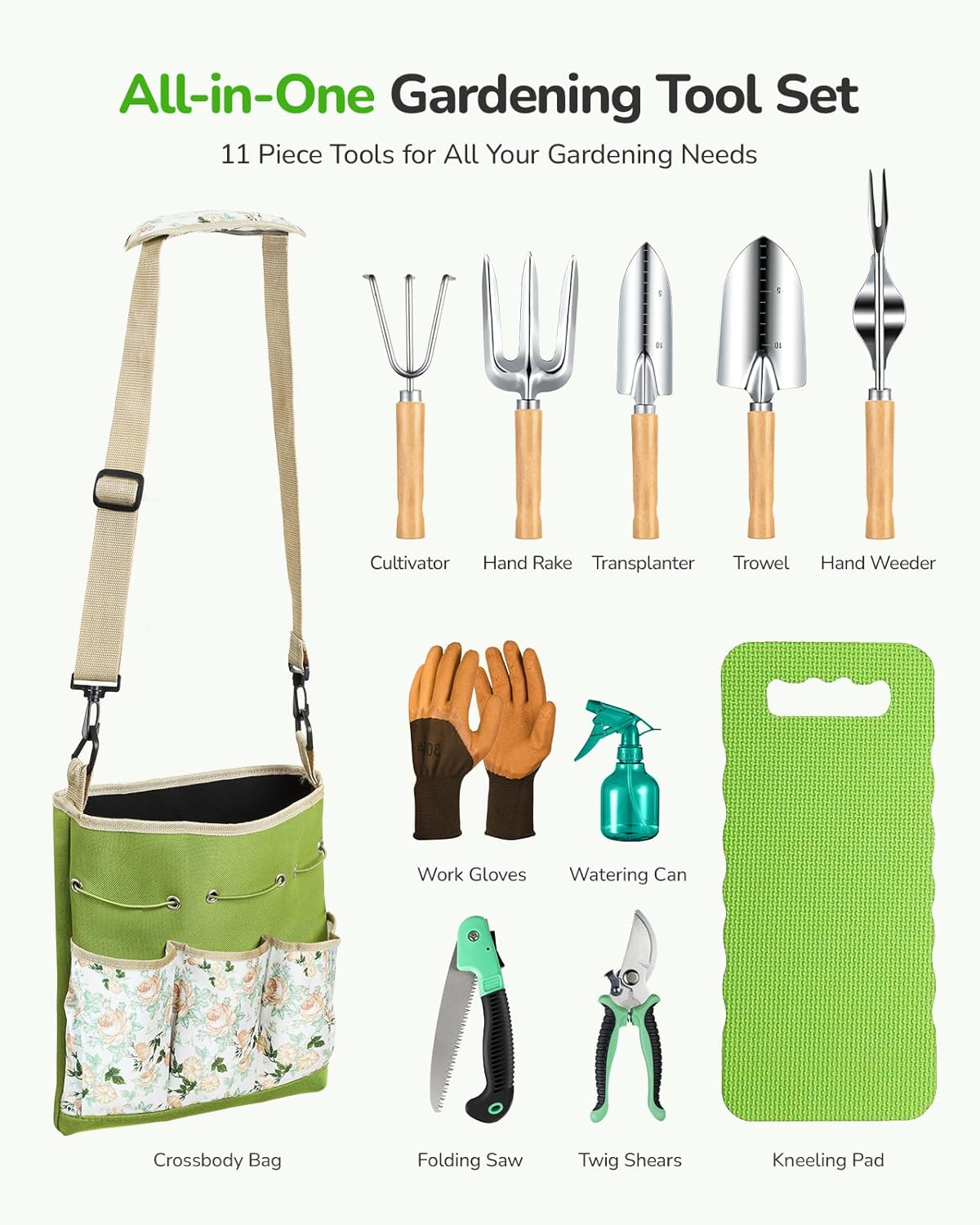 All-in-One Garden Tool Set, 11-Piece Heavy Duty Gardening Tools with Ergonomic Canvas Shoulder