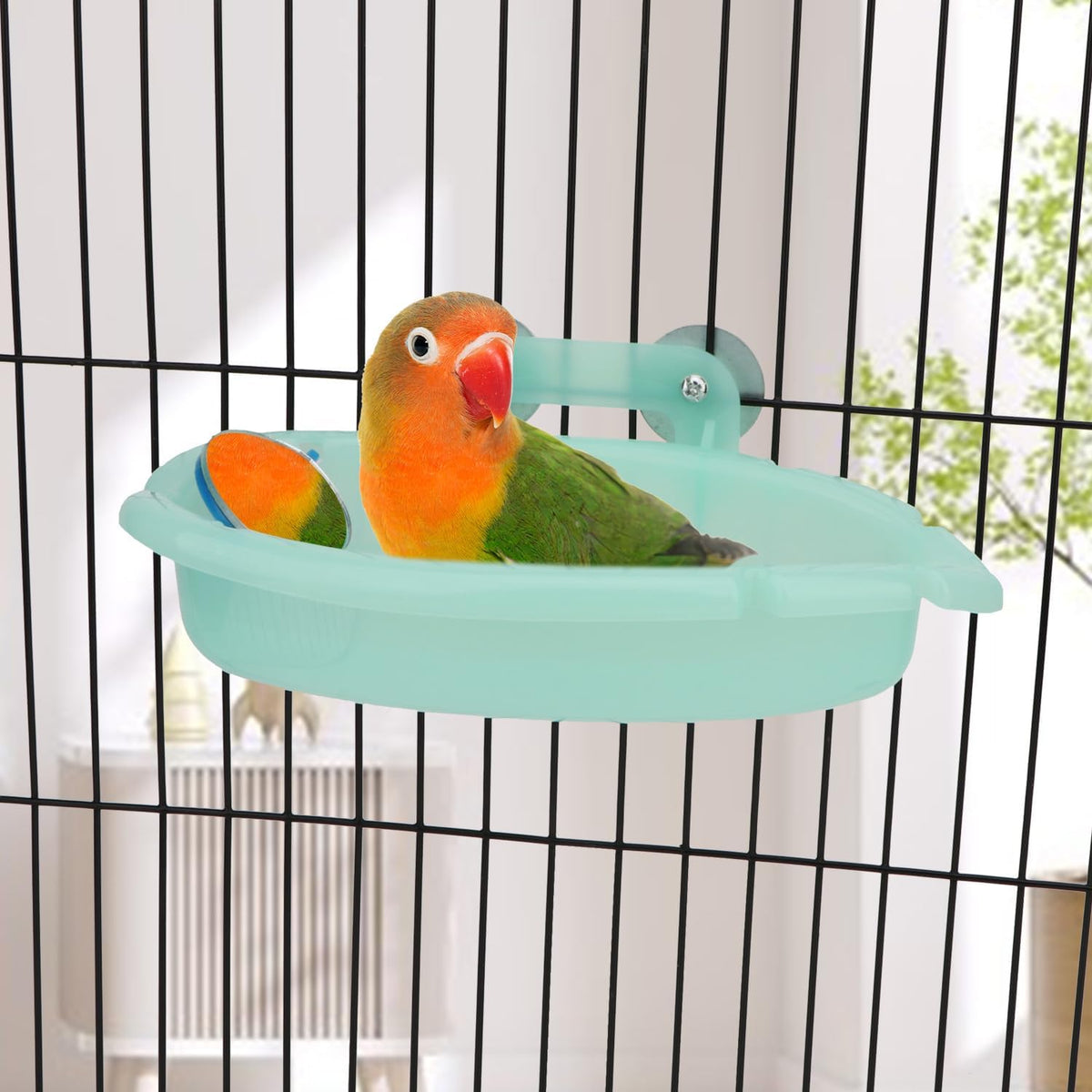 Wontee Bird Bath for Cage Portable Parrot Hanging Bathroom Bathing Tub with Mirror for Small Birds
